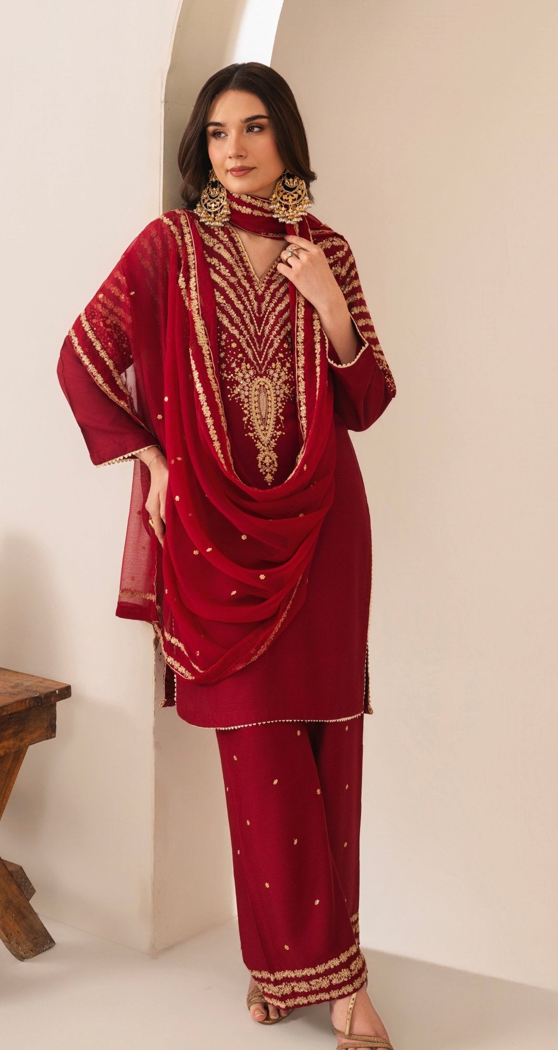 RED MIRACLE EMBROIDED 3 PC - Noor - e - Ujala