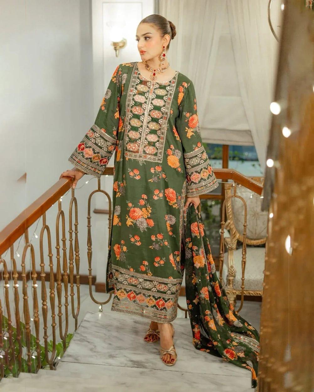 SAGE GREEN Embroided 3 pc - Noor - e - Ujala