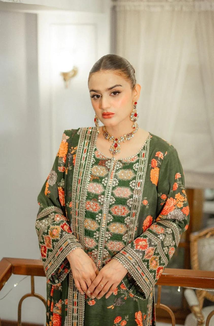 SAGE GREEN Embroided 3 pc - Noor - e - Ujala