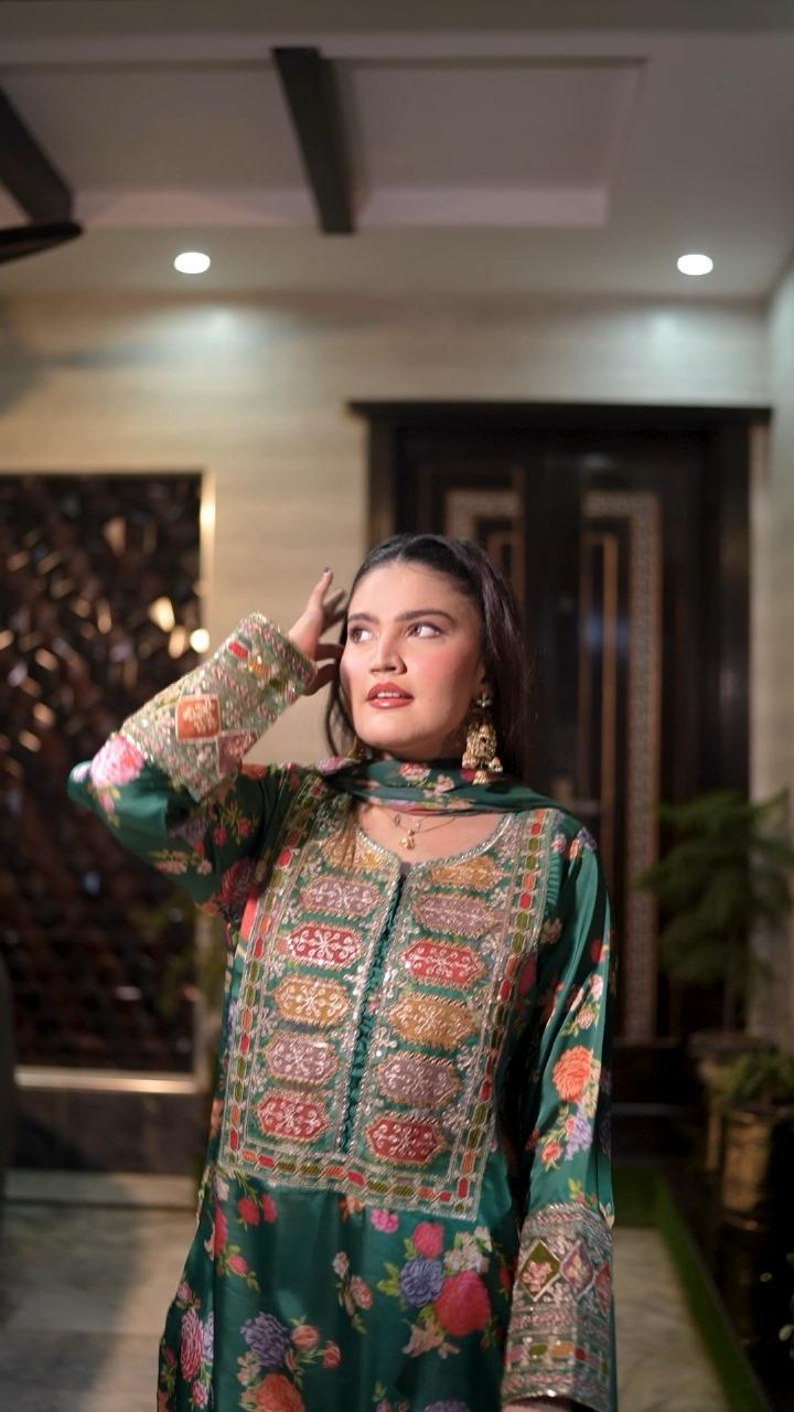 SAGE GREEN Embroided 3 pc - Noor - e - Ujala